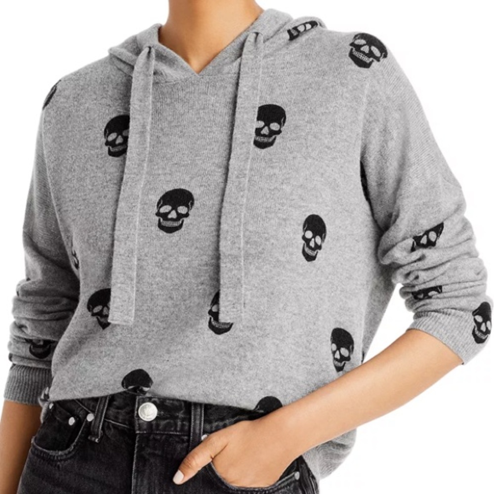Aqua cashmere hooded sweater with black skull print